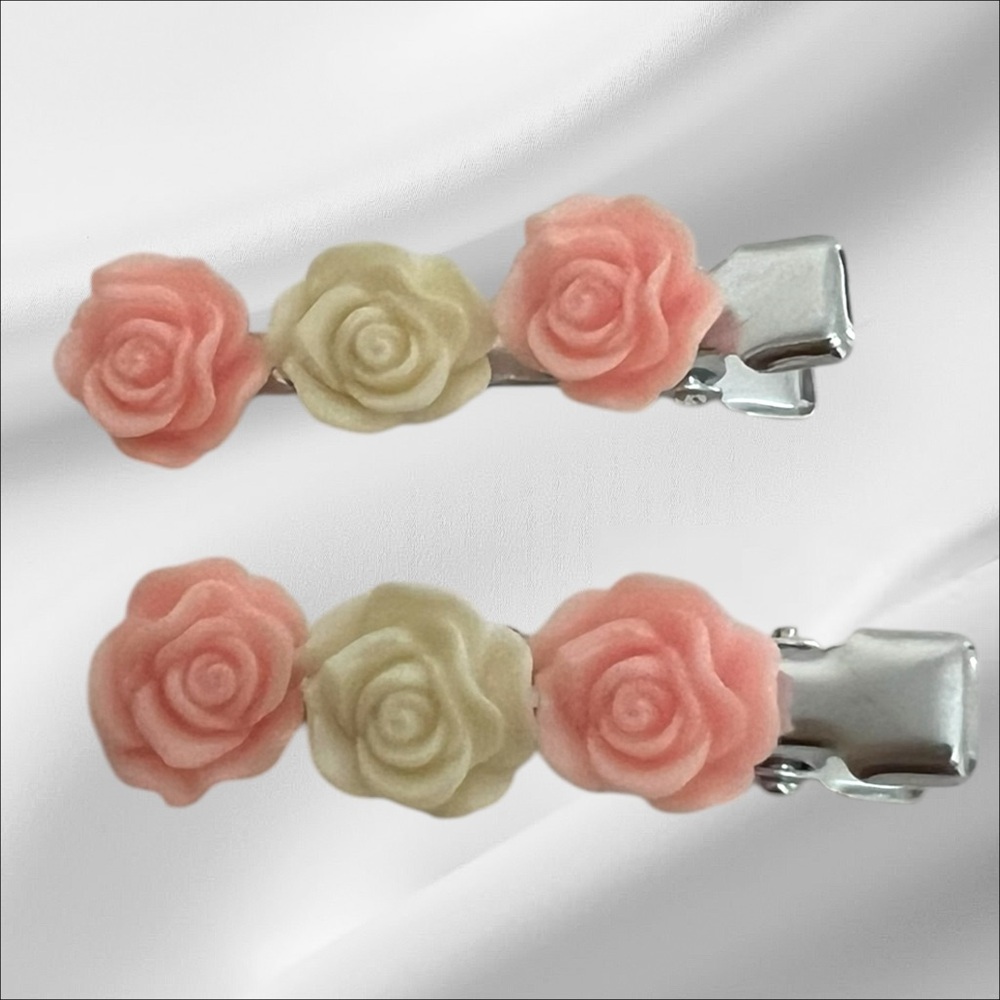 Floral Hair Clips with Pink and Cream resin Roses